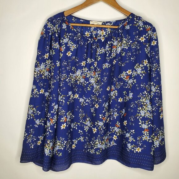 Max Studio Womens Blue Floral Polka Dot Print Crinkle Blouse Size L Flowy Career - Picture 1 of 10